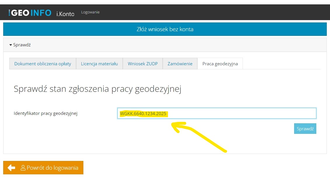 Sprawdzenie stanu zgłoszenia pracy geodezyjnej